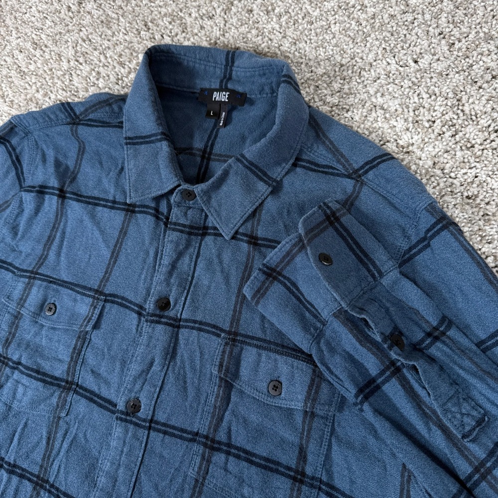 Paige Button Up Shirt Mens Large Blue Black Windowpane Plaid Cotton Rayon Blend